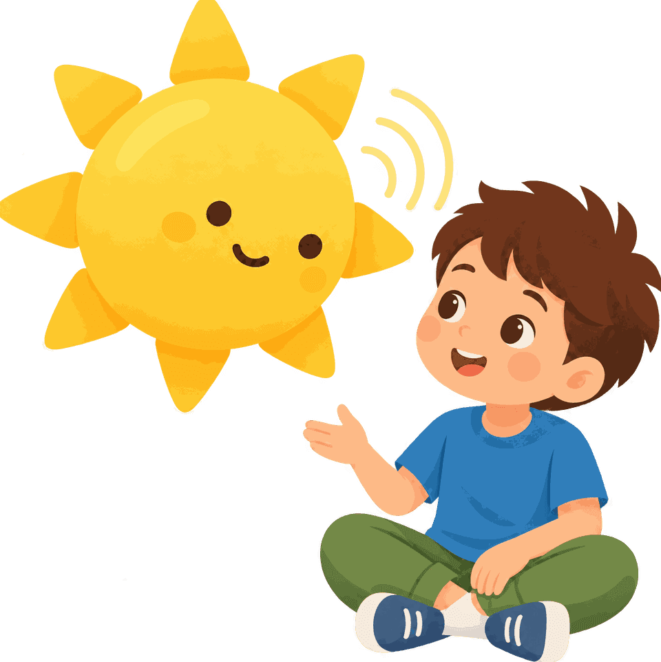The sun character leaning in to listen while a child sitting cross-legged explains an idea.