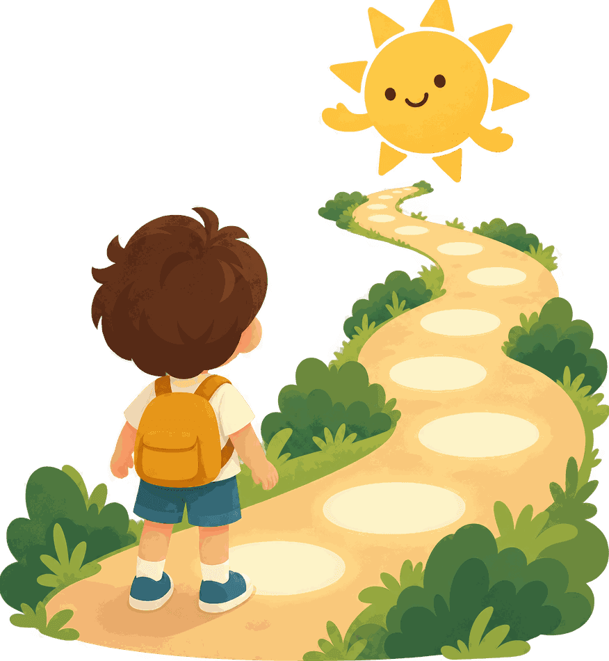 A child standing at the start of the glowing stepping-stone path with the sun ahead of them.